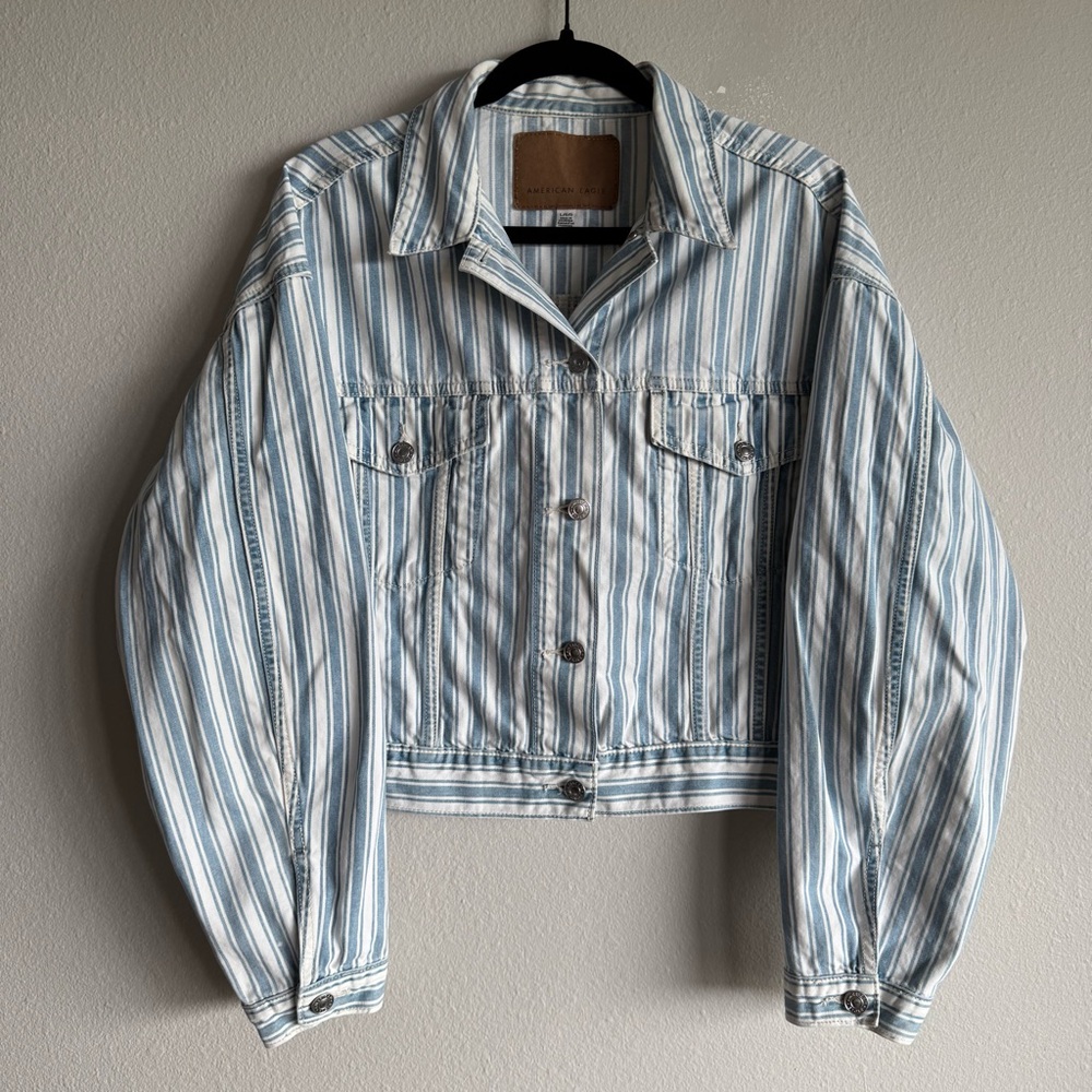 American Eagle Outfitters Striped Light Blue and White Denim Jacket